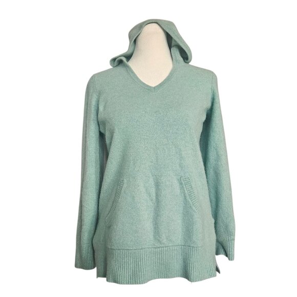 LL Bean 100% Cashmere Hooded Sweater Women's Medium Mint Kangaroo Pocket Soft - Picture 1 of 15
